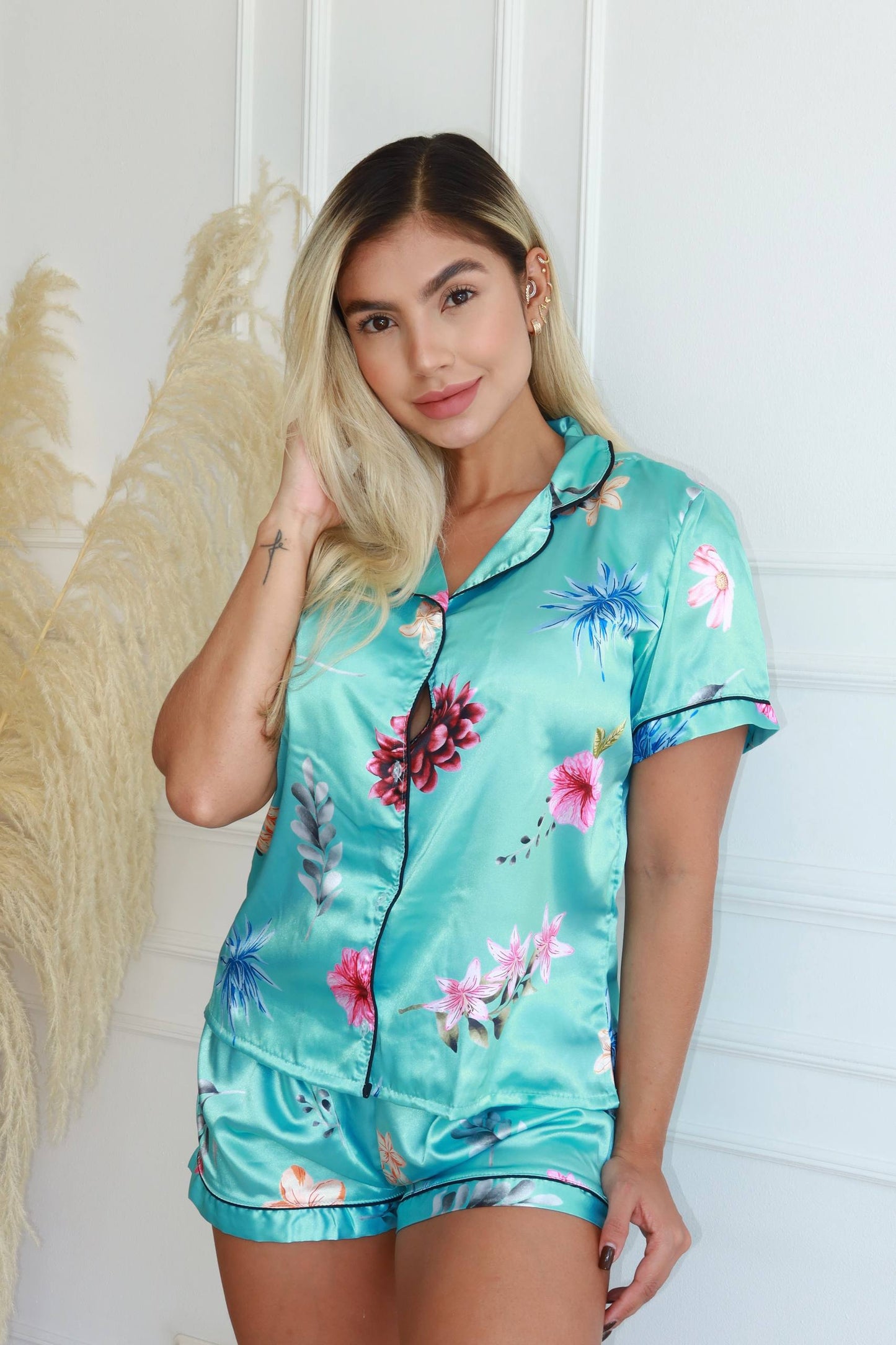 SHORT Y BLUSA CREATIVA - FLORES AGUA MARINA