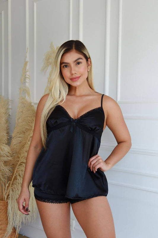 SHORT Y BLUSA CON ENCAJE SENSUALIDAD - NEGRO