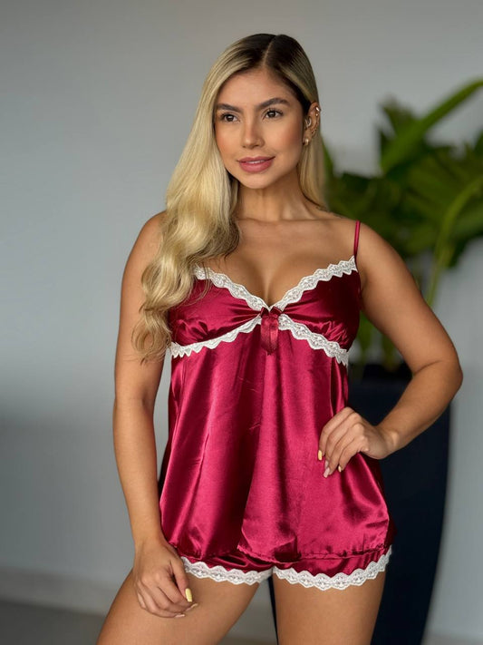 SHORT Y BLUSA CON ENCAJE SENSUALIDAD - VINO TINTO