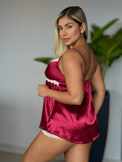 SHORT Y BLUSA CON ENCAJE SENSUALIDAD - VINO TINTO